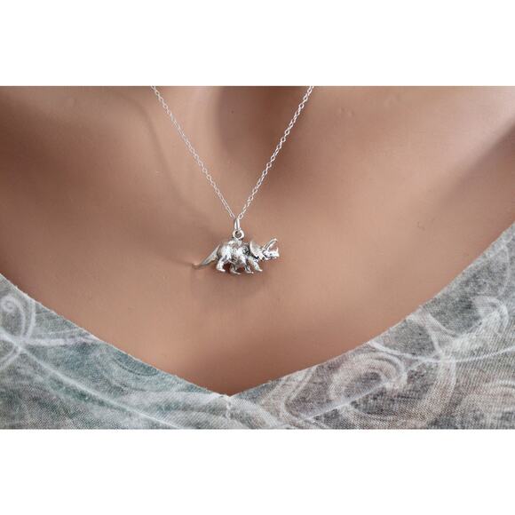 Sterling Silver Triceratops Dinosaur Charm Necklace - Picture 3 of 4